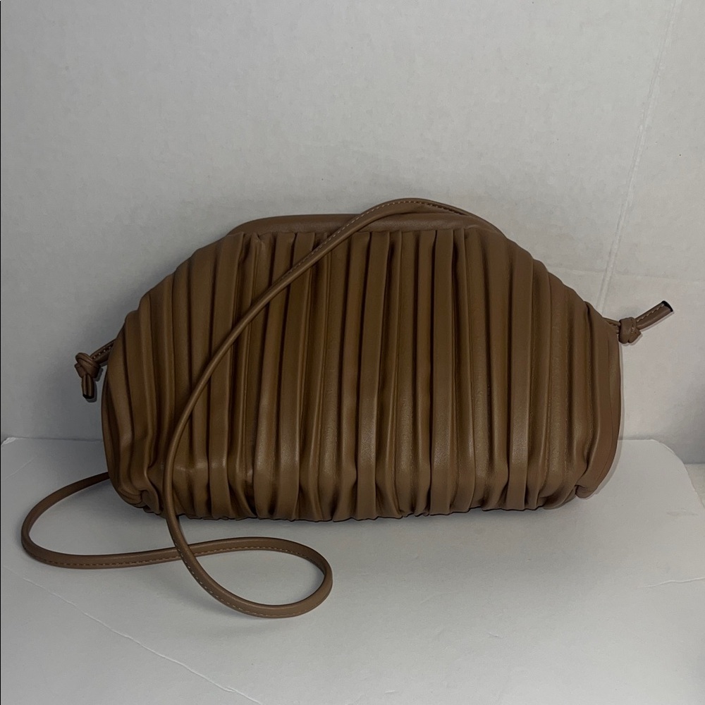 Beige Pleated Crossbody Shoulder Bag or Large Clutch